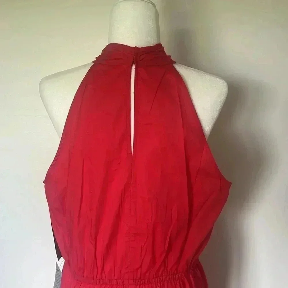 NWT Maggy London Halter Neck O-Ring Poplin Midi Dress-Tomato Puree Size 14 - Picture 6 of 9
